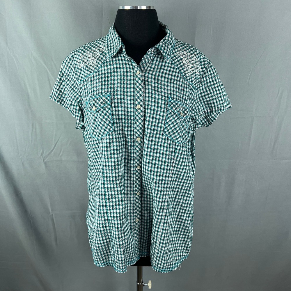 Adikta Western Shirt Womens 2XL Multi Check Pearl Snap Embroidery Shoulder Yokes